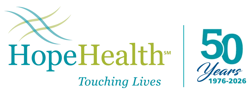 HopeHealth logo with “Touching Lives” and 50 years anniversary mark, 1976-2026