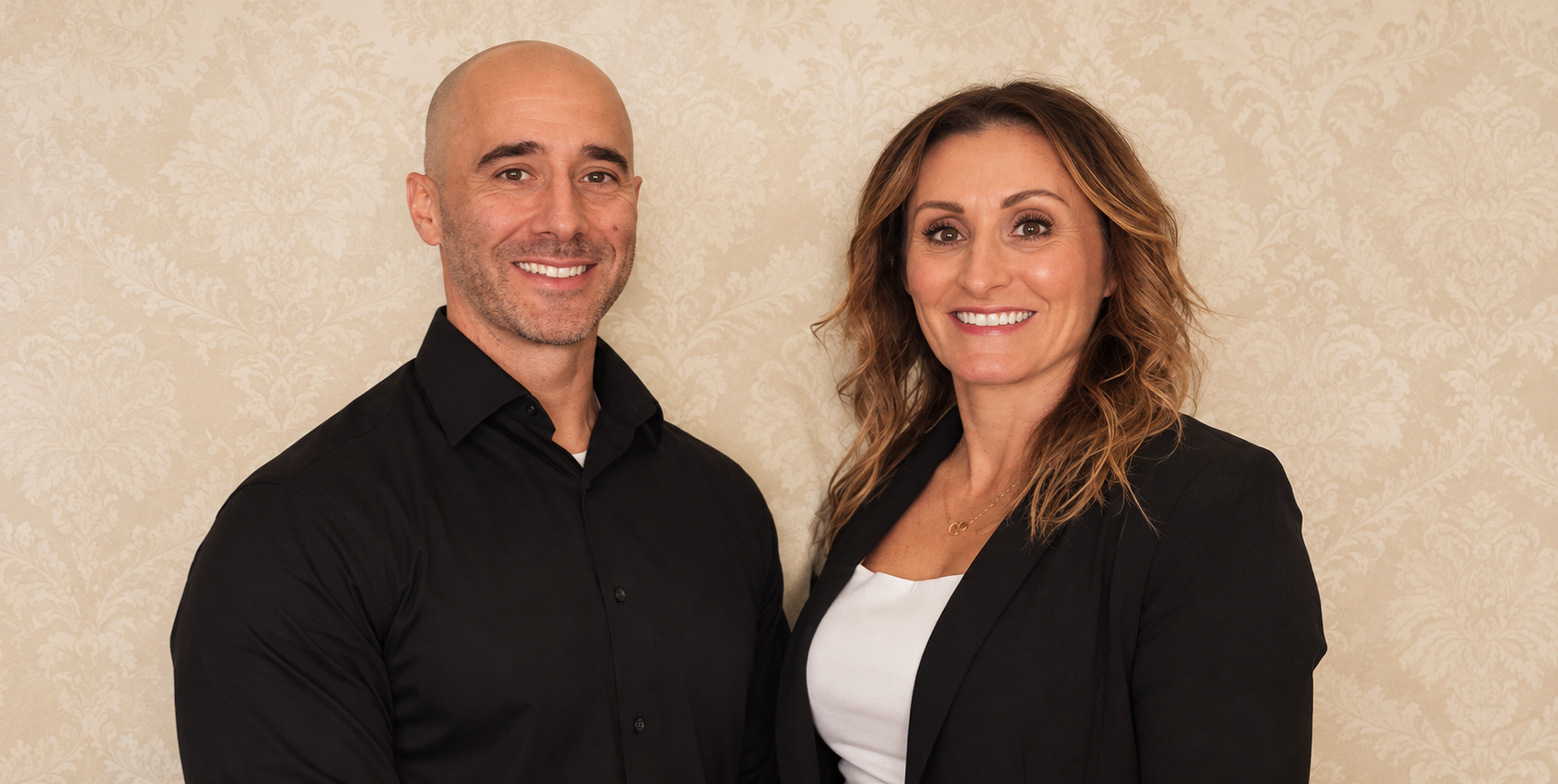 Two professionals in business attire standing and smiling indoors against a patterned wall.