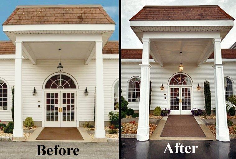 Split-screen before-and-after of a house entrance with updated porch columns and walkway.