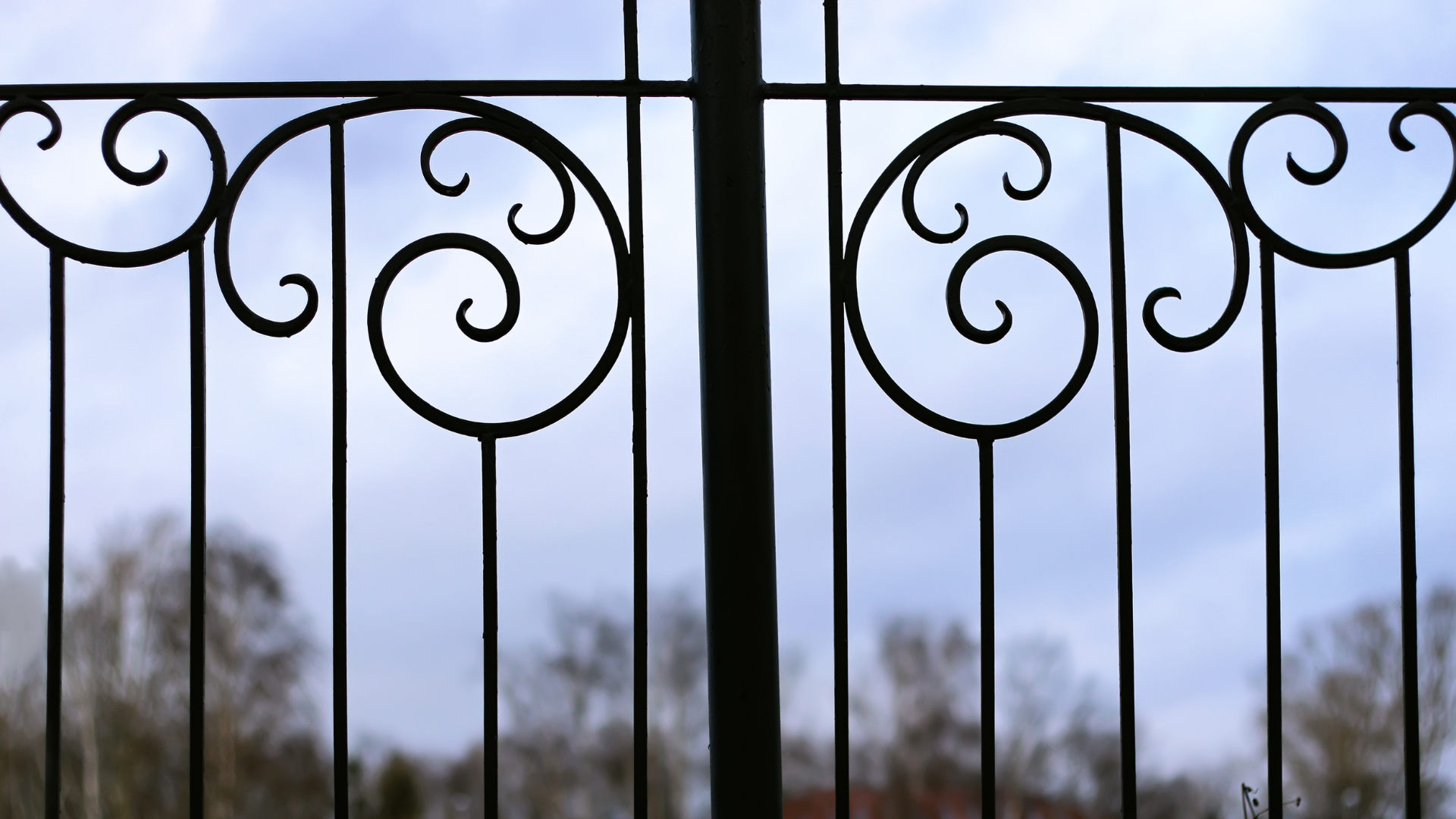 A close up of a wrought iron fence with trees in the background