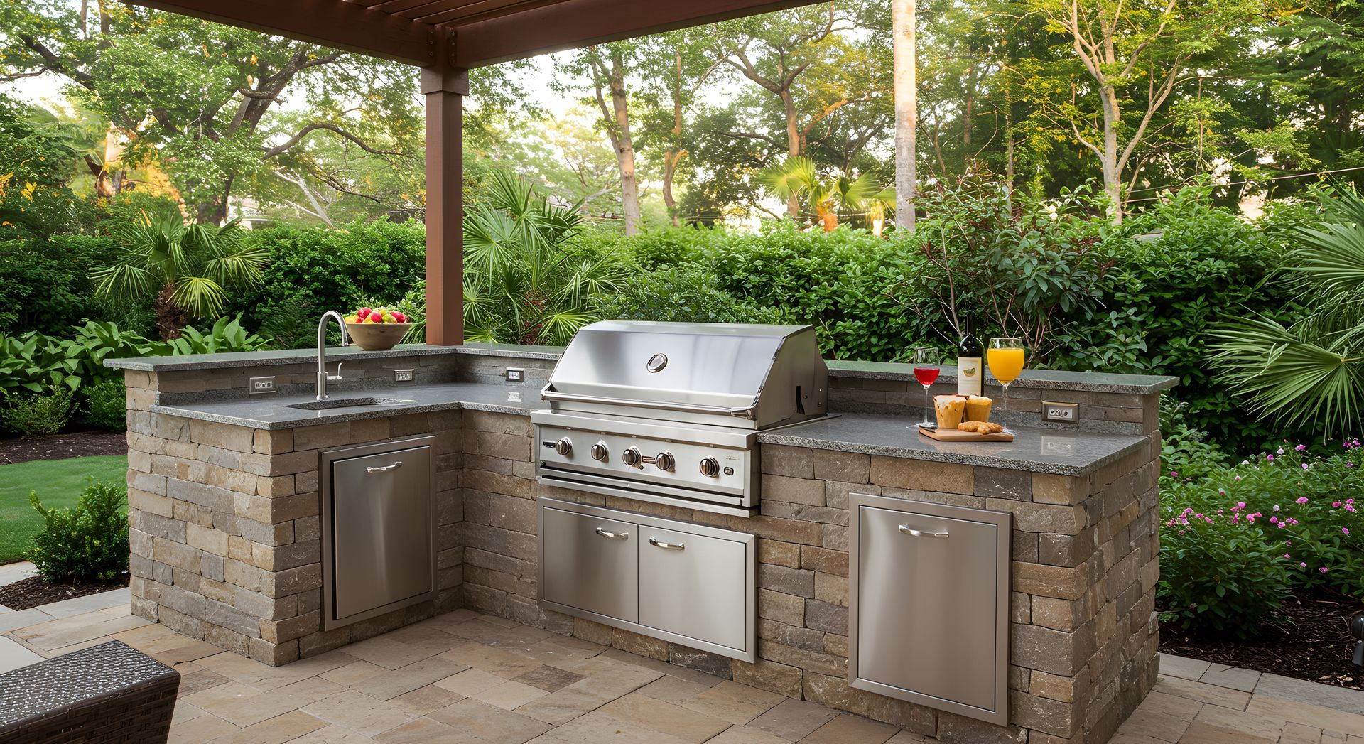 Une cuisine extérieure en pierre avec un barbecue en acier inoxydable, des placards et un évier sous une pergola, dans un jardin luxuriant.