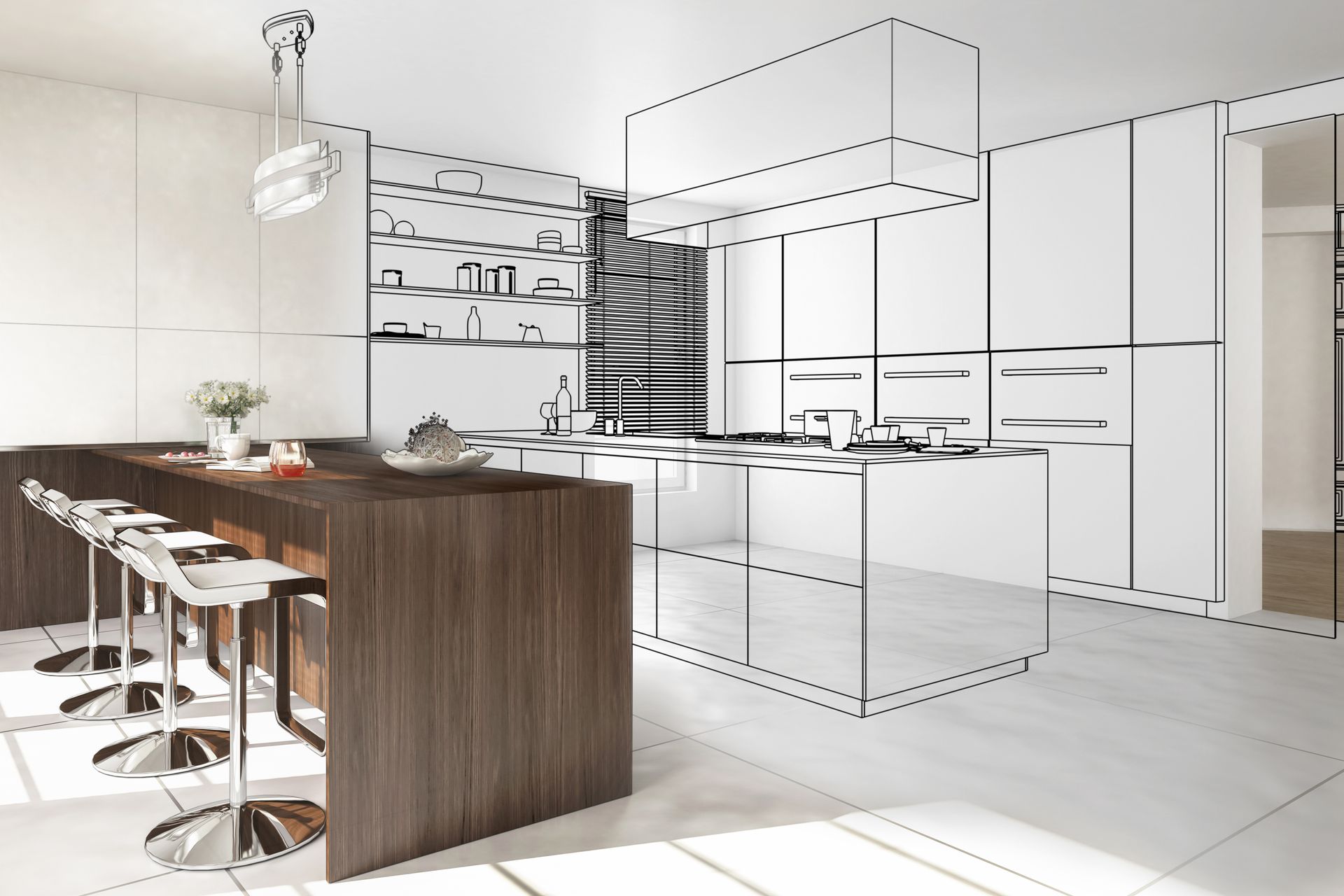 Un concept d'aménagement intérieur de cuisine mêlant un îlot et des tabourets en bois réalistes à des armoires blanches à structure filaire esquissée.