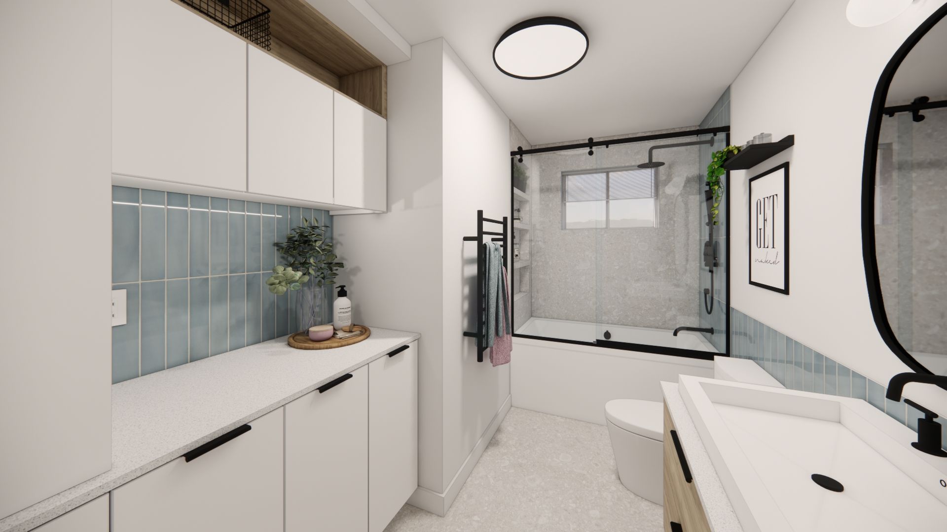 Une salle de bains moderne avec un meuble-lavabo blanc, une crédence carrelée bleue, une baignoire-douche combinée et des accessoires noirs mats.