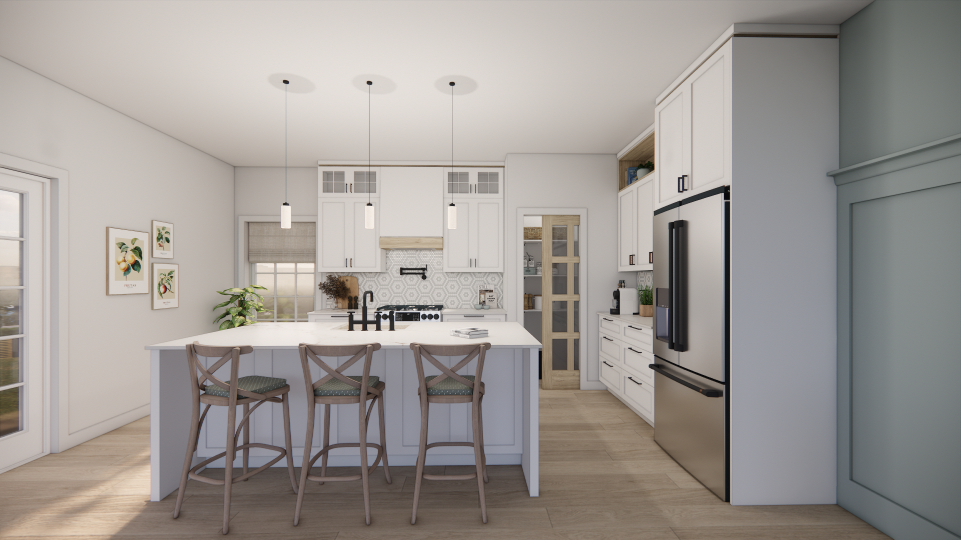 Cuisine blanche moderne avec îlot central, réfrigérateur en acier inoxydable et trois tabourets de bar.