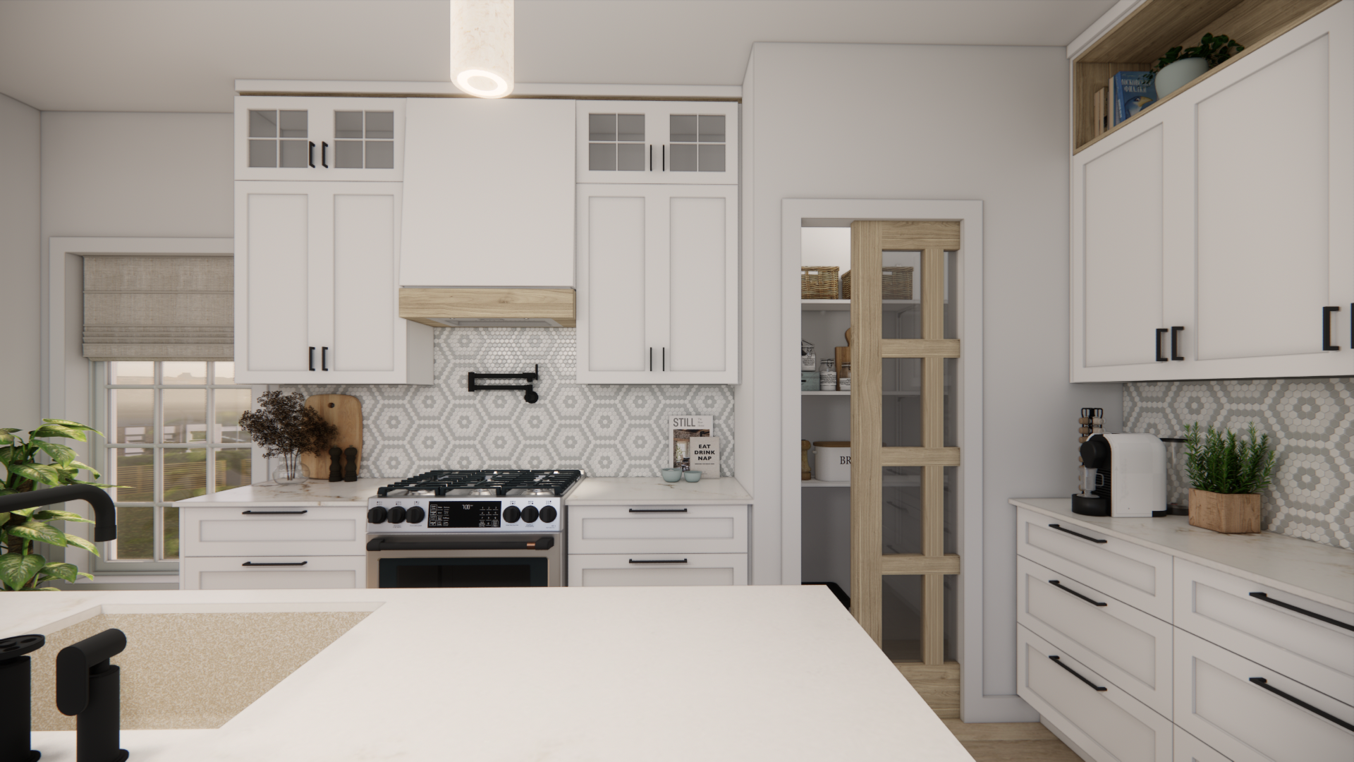 Cuisine blanche avec placards, cuisinière et garde-manger.
