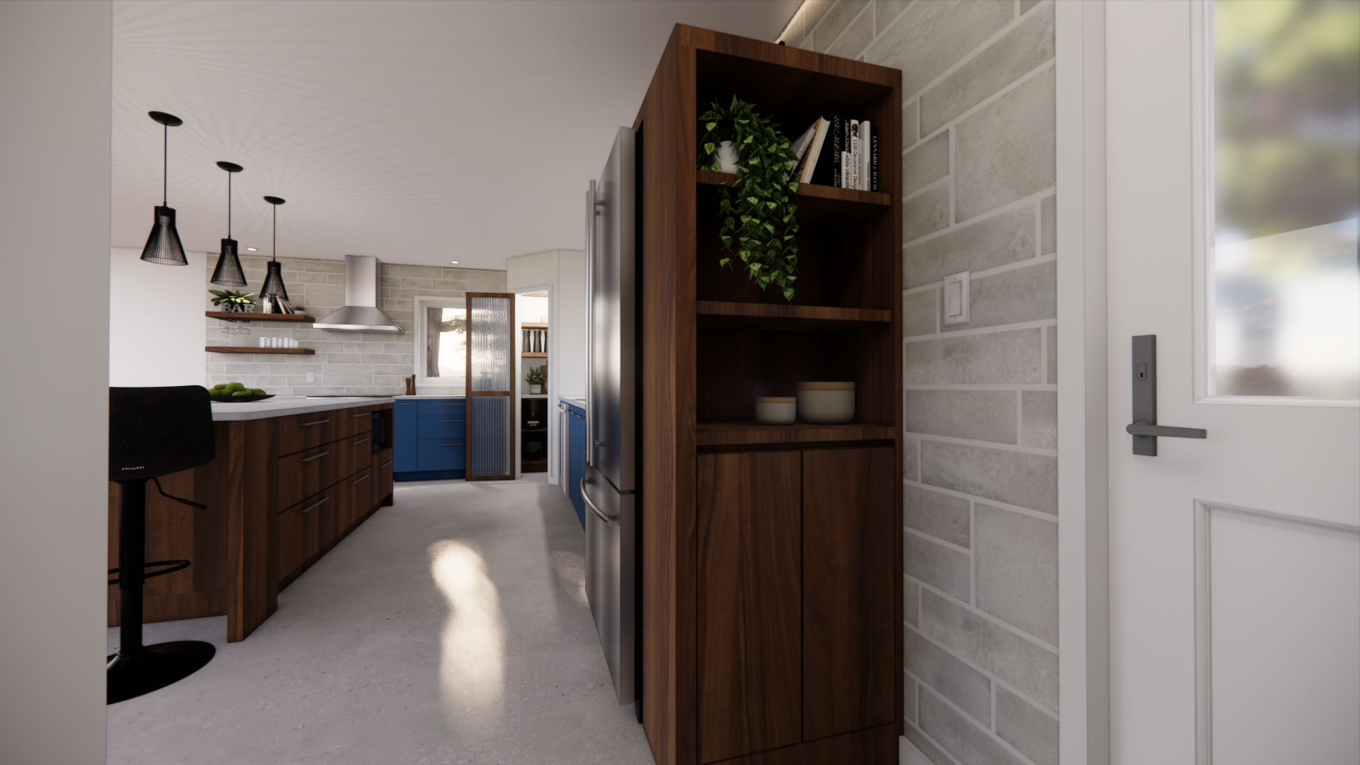 Cuisine avec placards en bois foncé, appareils électroménagers en acier inoxydable et mur en briques grises.