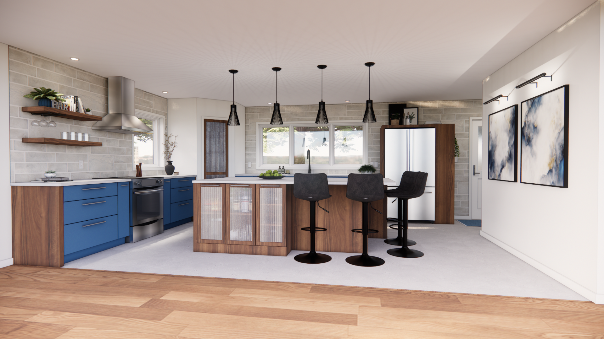 Cuisine moderne avec placards bleus, îlot en bois et suspensions lumineuses noires.