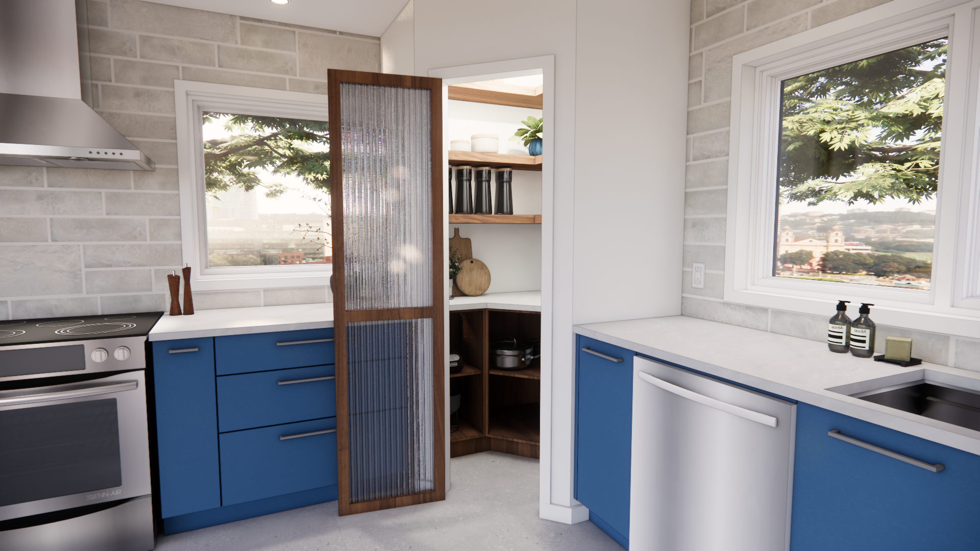 Cuisine moderne avec placards bleus, lave-vaisselle en acier inoxydable et garde-manger à porte ornée.
