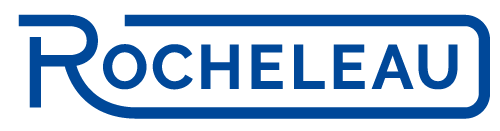 Logo Rocheleau bleu avec un cadre rectangulaire arrondi.