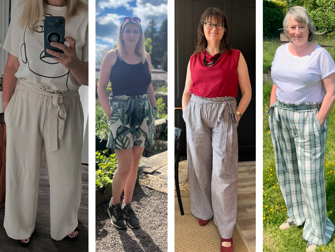 4 ladies wearing the Grace Trouser pattern designed by A Sewing Life that they have made