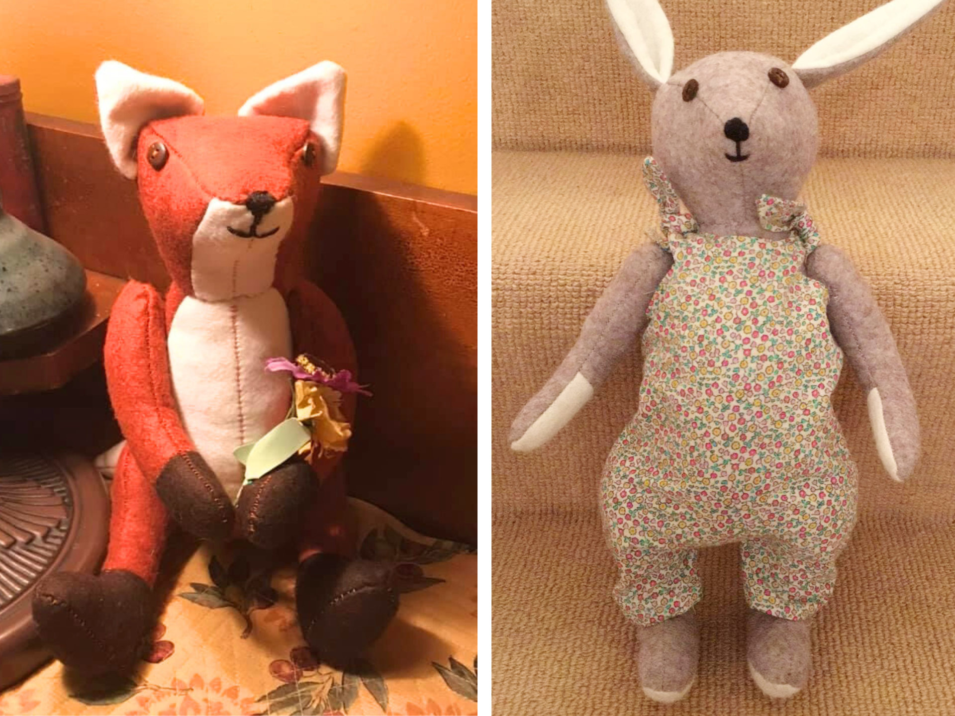 James Fox & Bluebell Rabbit made by customers using the kits that are sold by A Sewing Life
