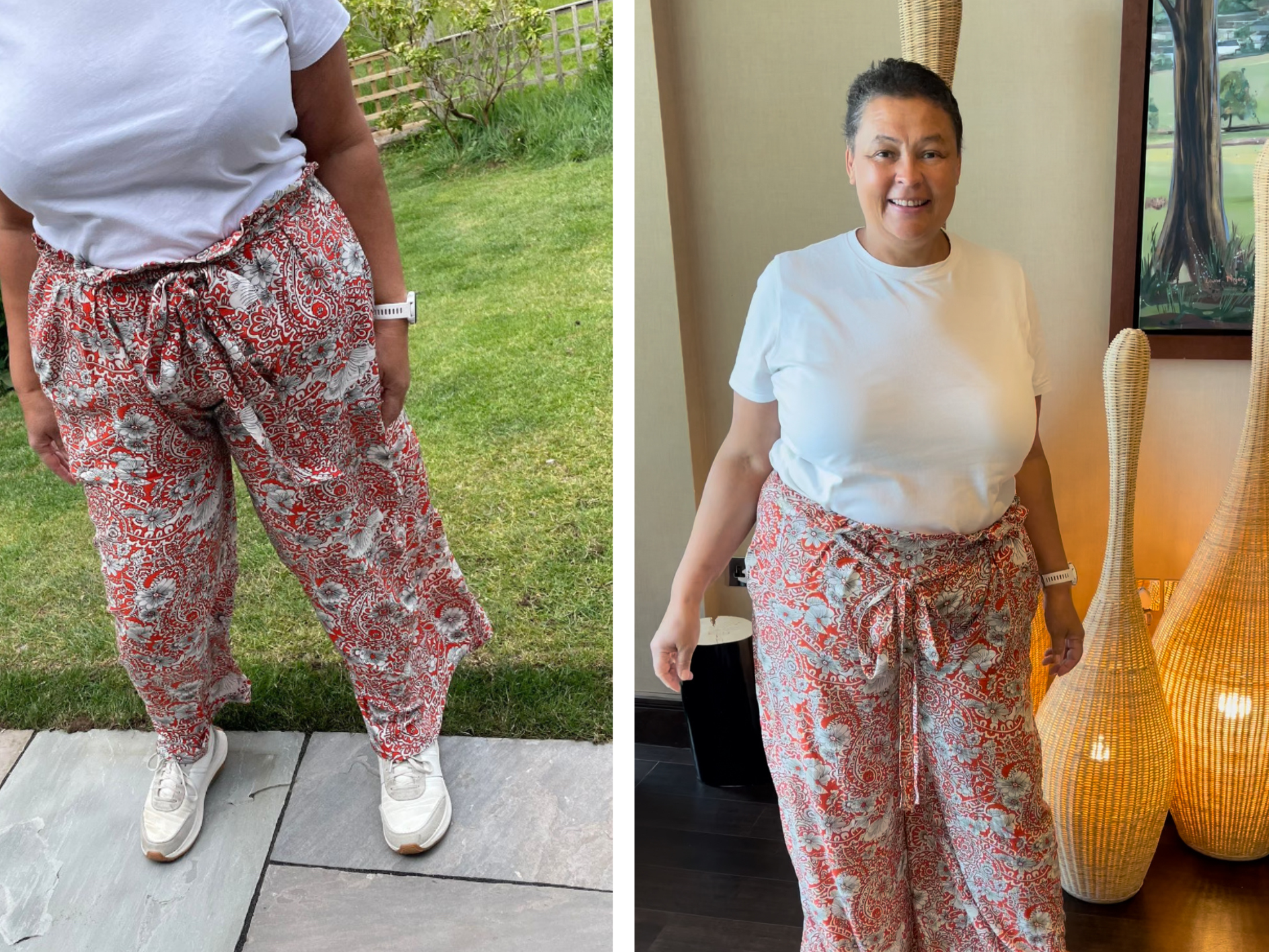 lady wearing the Grace Trouser that she made using the pattern sold in this shop