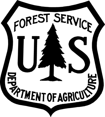 A black and white logo for the forest service department of agriculture