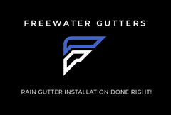 Freewater Gutters logo with blue and white stylized F and slogan “Rain gutter installation done right!”