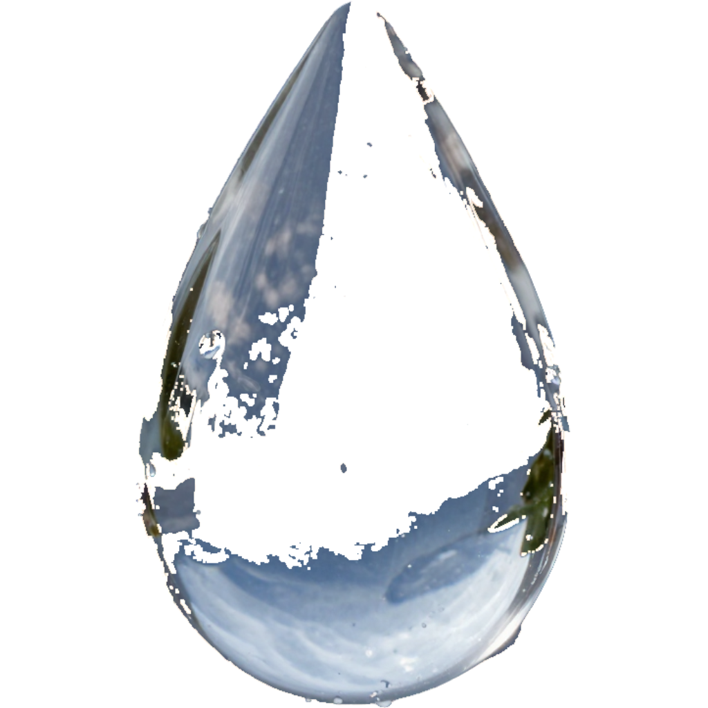Glossy water droplet reflecting blue sky and clouds on a white background