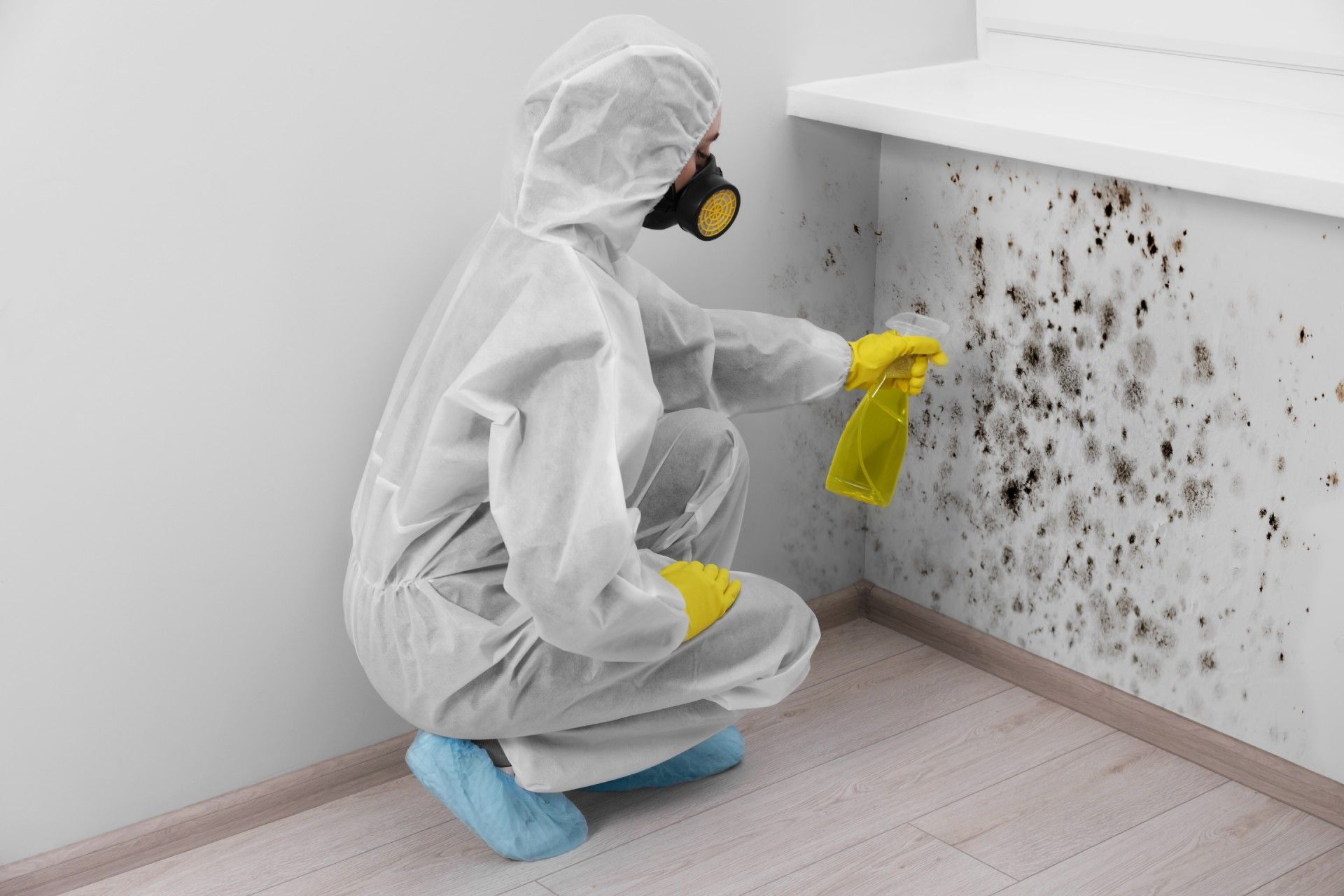 A person in a protective suit is spraying mold on a wall.