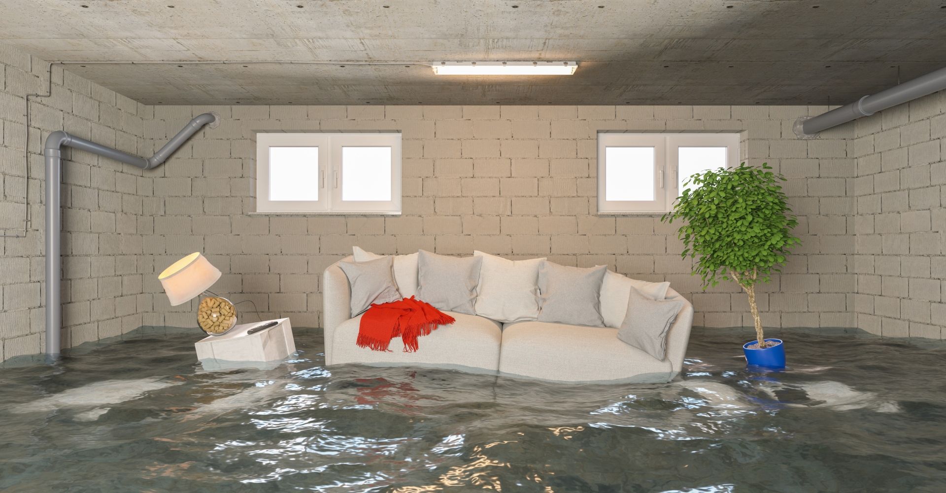 A living room in a flooded basement with a couch and a lamp.