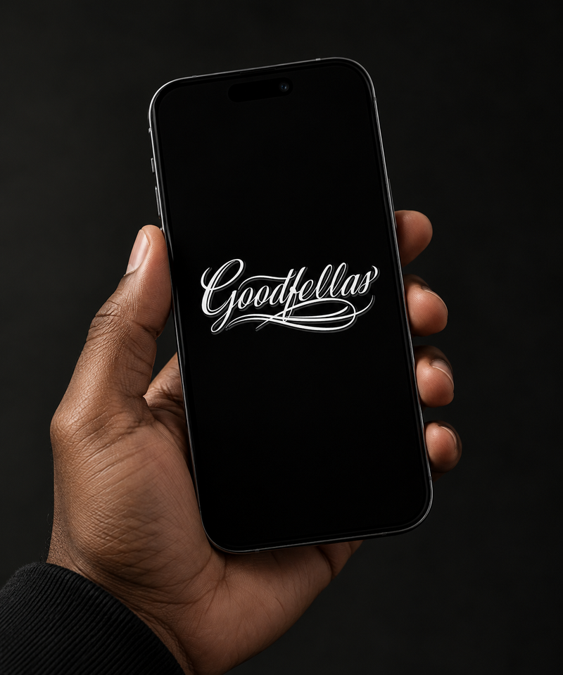 Hand holding a smartphone showing the Goodfellas logo