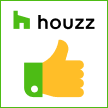 Houzz logo with a thumbs-up icon, featuring a green house and yellow thumb, surrounded by a green border.