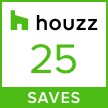 Houzz badge: 25 saves, green text, house icon. White background, green rectangle "SAVES."