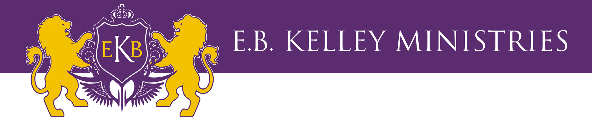 Logo for E.B. Kelley Ministries featuring a purple shield with a gold lion on each side and the text