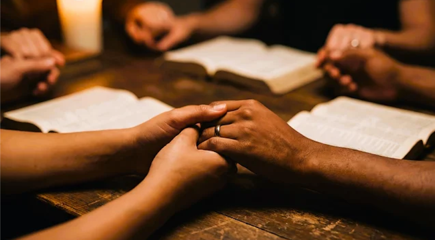 People hold hands in a circle around a wooden table with open books in a dimly lit, warm-toned setting.