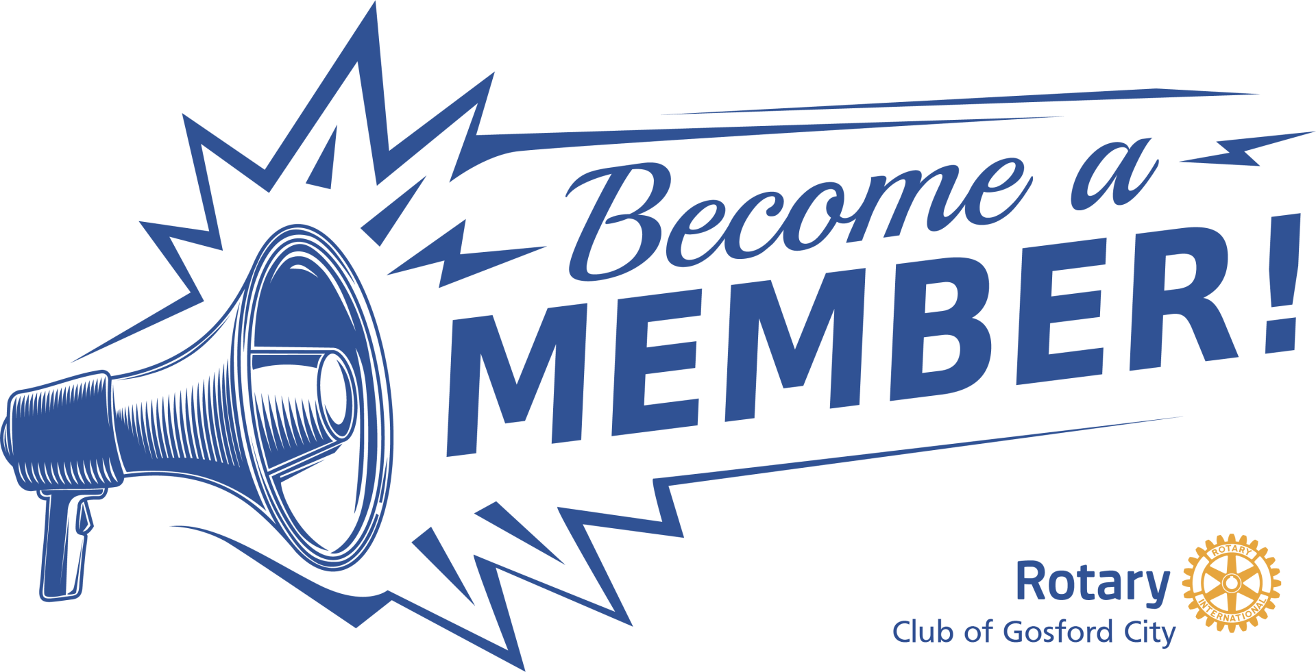 A blue sign that says become a member with a megaphone.