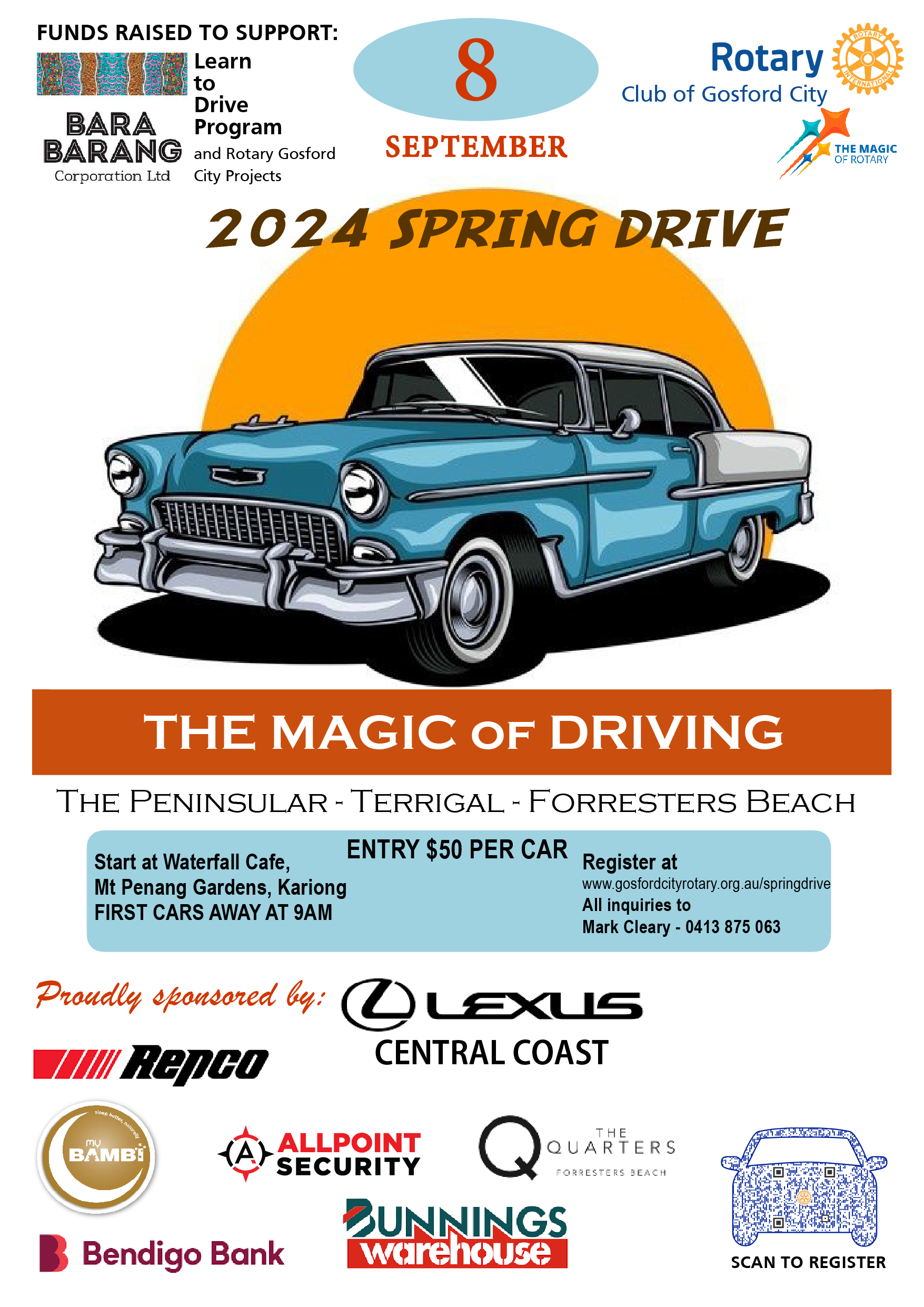 A poster for the 2024 spring drive with a blue car on it