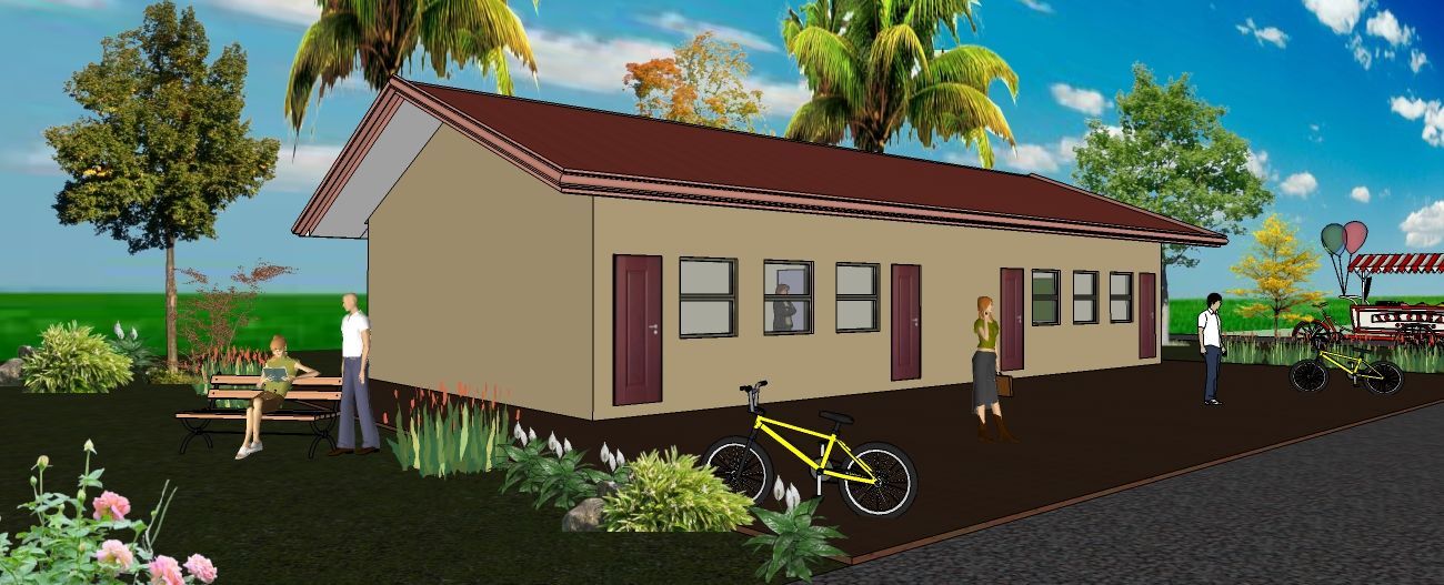 A computer generated image of a house with a bicycle parked in front of it