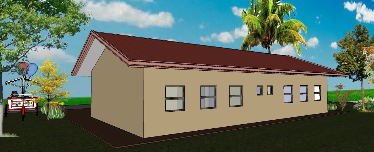 A drawing of a house with a red roof