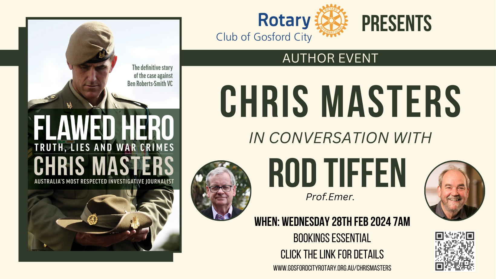 A poster for chris masters in conversation with rod tiffen