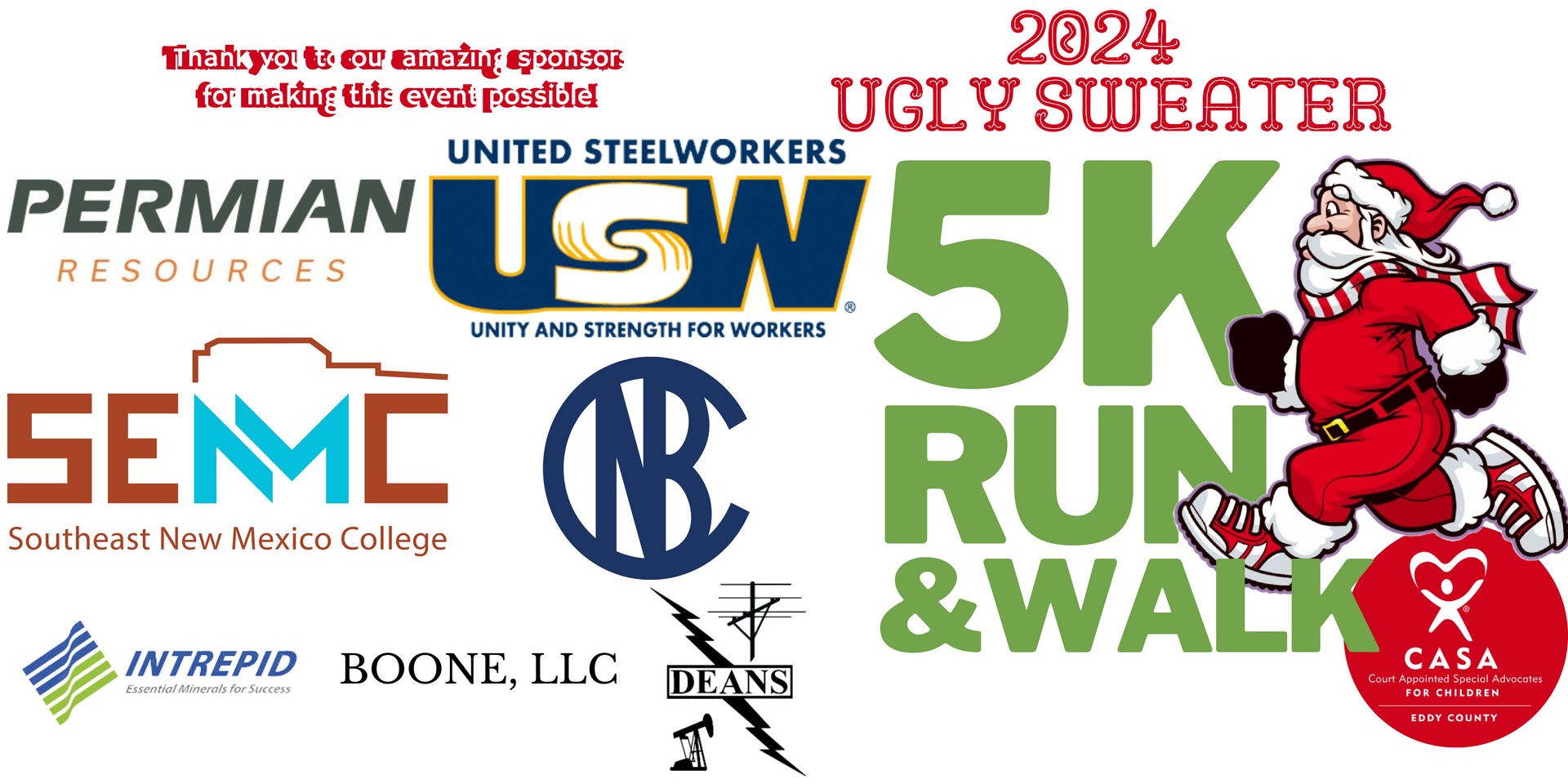 2024 Ugly Sweater 5K Run & Walk poster with sponsor logos and red holiday graphics
