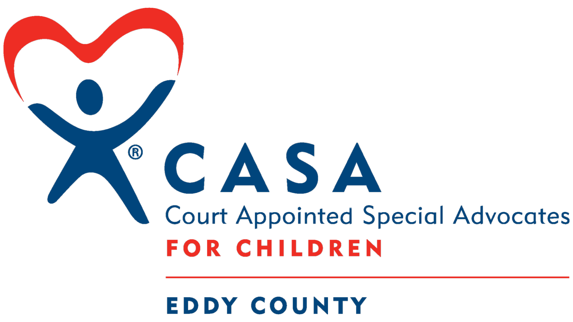 CASA logo for Court Appointed Special Advocates for Children, Eddy County, with red heart and blue figure