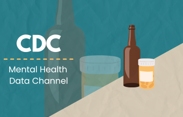 CDC Mental Health Data Channel graphic with beer bottle and drink on a table