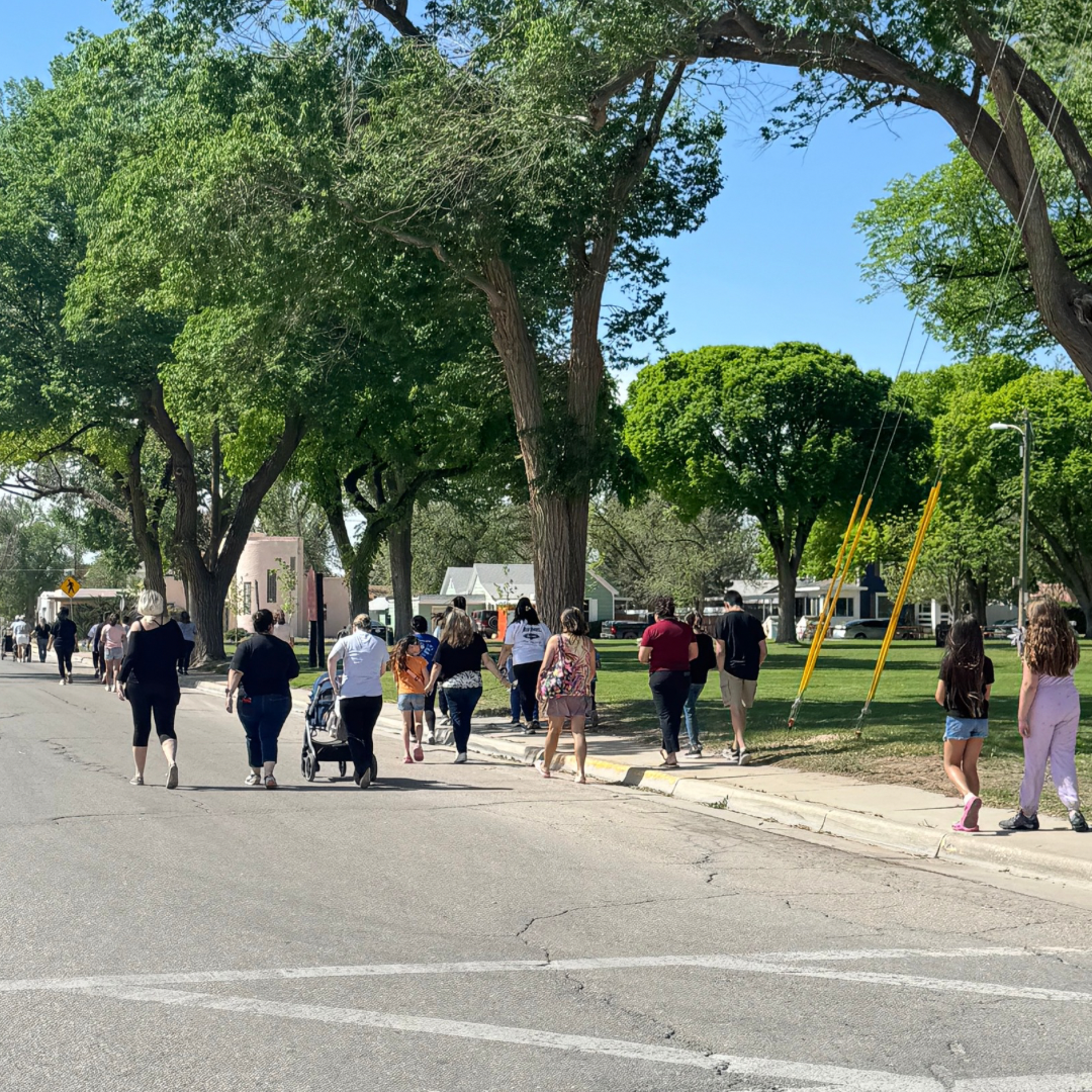 People walking along a tree-lined path in a park on a sunny day