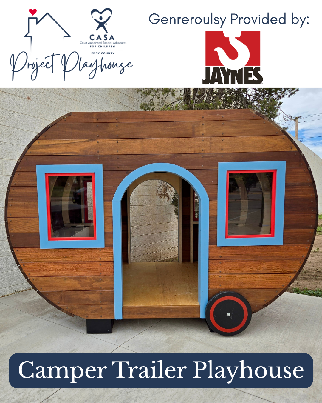 Wooden camper trailer playhouse with blue-trimmed windows and red accents on a white background