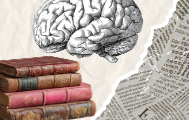 Brain above stacked books beside torn newspaper pages