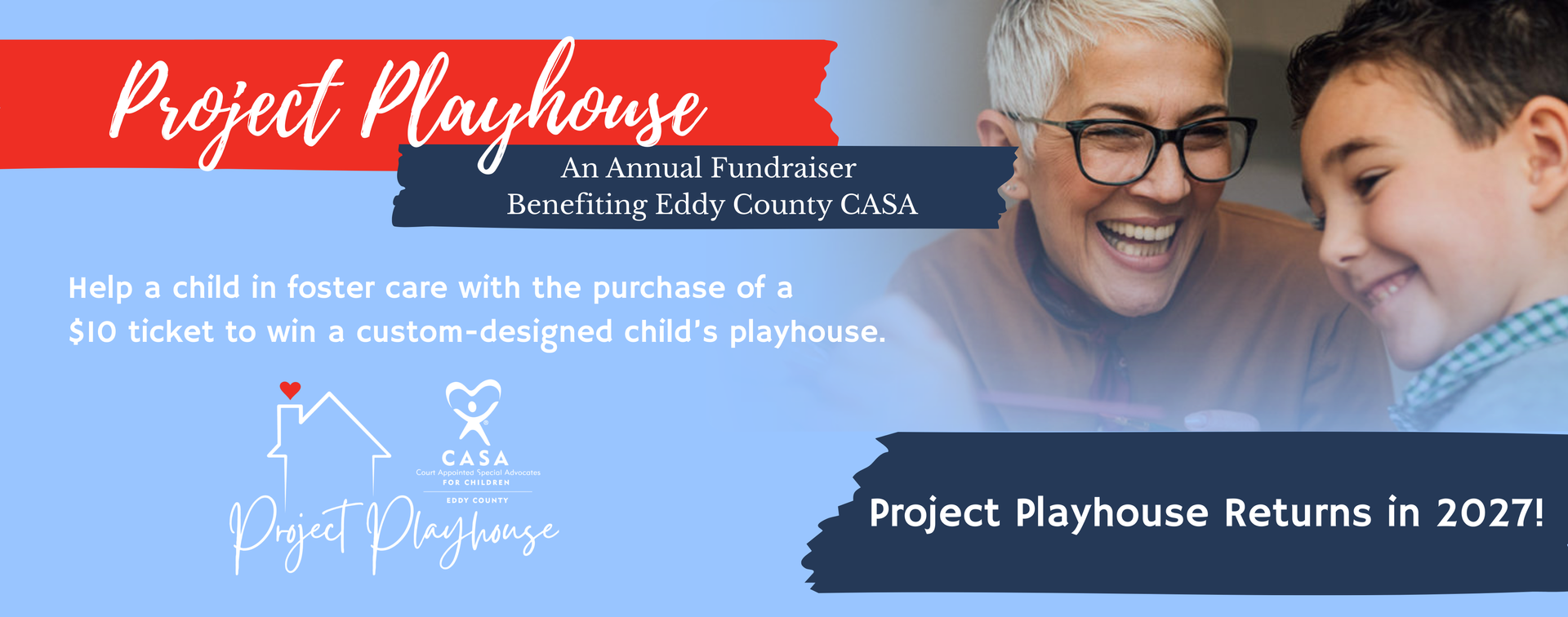 Project Playhouse banner with smiling adults, red logo, and text “Project Playhouse Returns in 2021!”