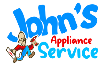 A logo for john 's appliance service with a man holding a gavel