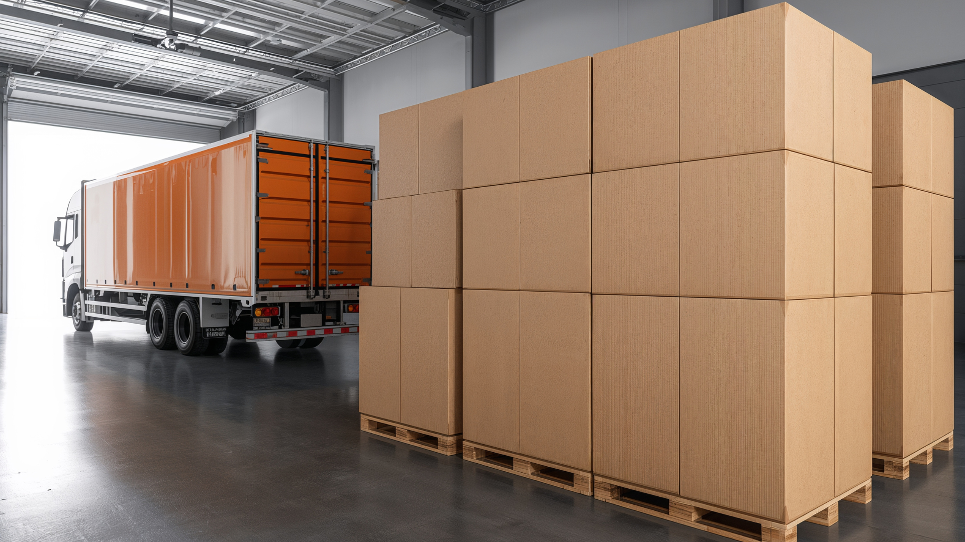 Quai de chargement d'entrepôt avec camion et piles de cartons sur palettes.