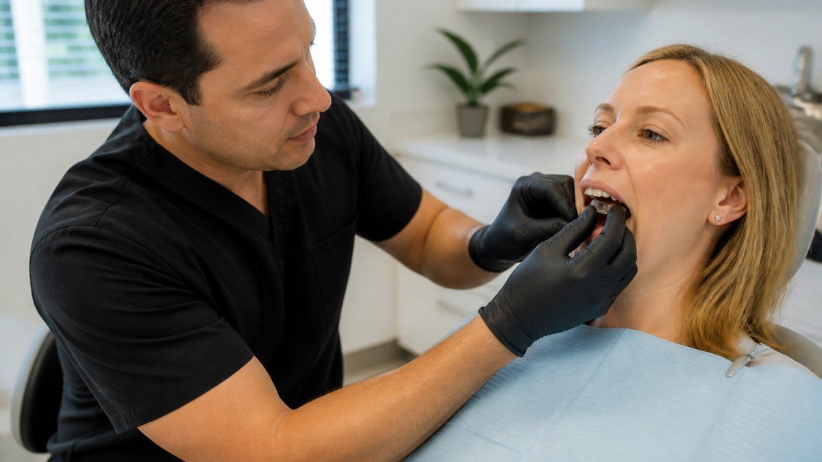 Dentist adjusting a custom oral appliance to show the benefits of oral appliances for sleep apnea in a patient.