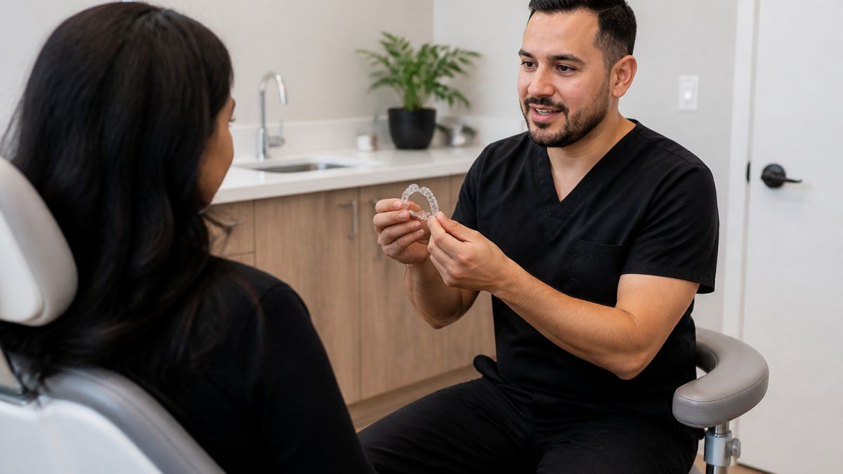 A dentist sleep apnea consultation showing the process of fitting a custom oral appliance for patient comfort
