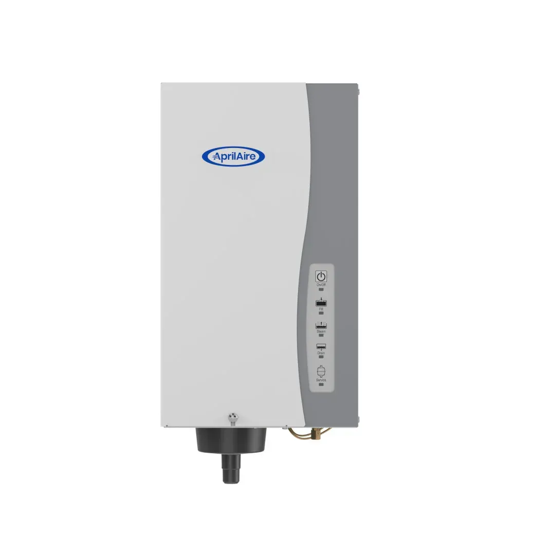 White and gray wall-mounted water heater with blue logo and bottom piping connection