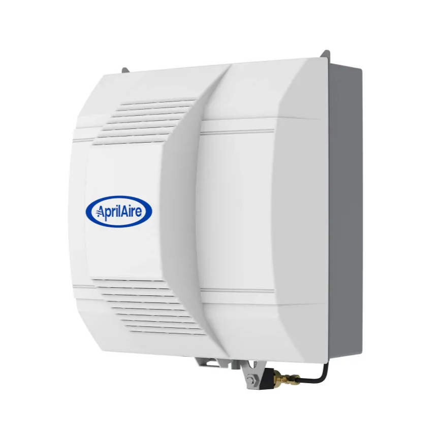 Aprilaire white wall-mounted humidifier unit with blue logo and gray side panel