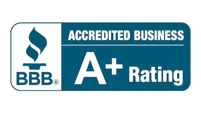 BBB Accredited Business A+ Rating badge in blue and white