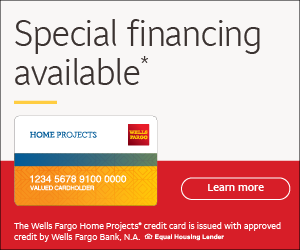 Wells Fargo Home Projects special financing ad with red card graphic and “Learn more” button