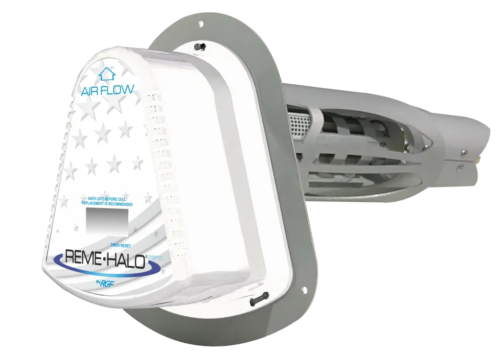 White-and-gray wall-mounted electric hand dryer with a vented side panel and logo on the front.