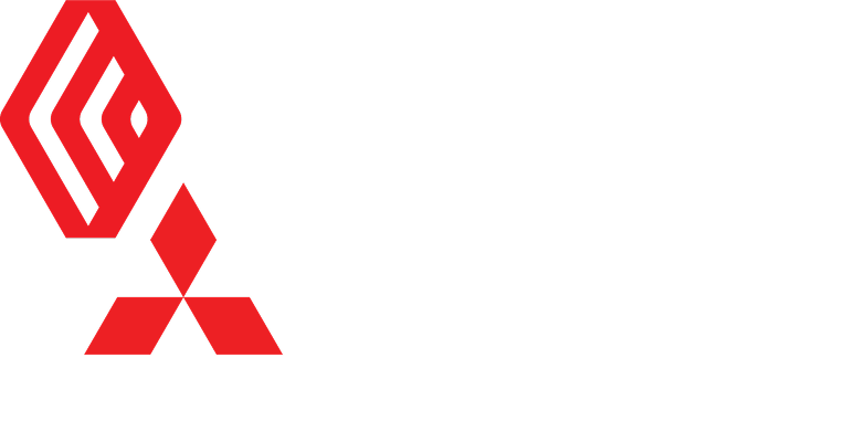 Red geometric logo with a stylized diamond above a three-part triangular mark on white background