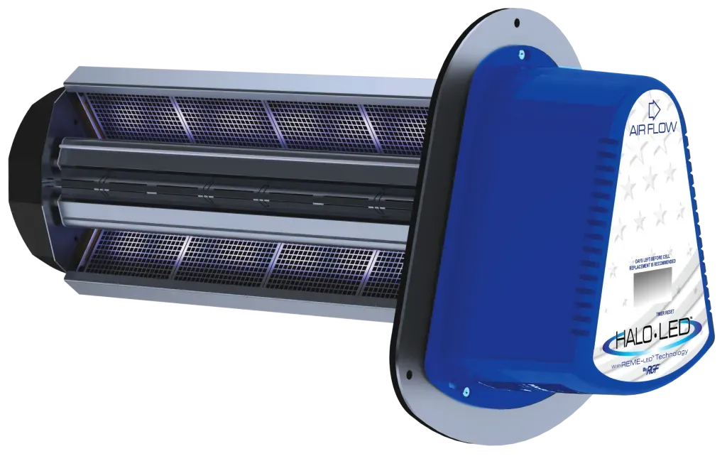 Blue and silver wall-mounted bug zapper with a glowing UV tube and protective grille