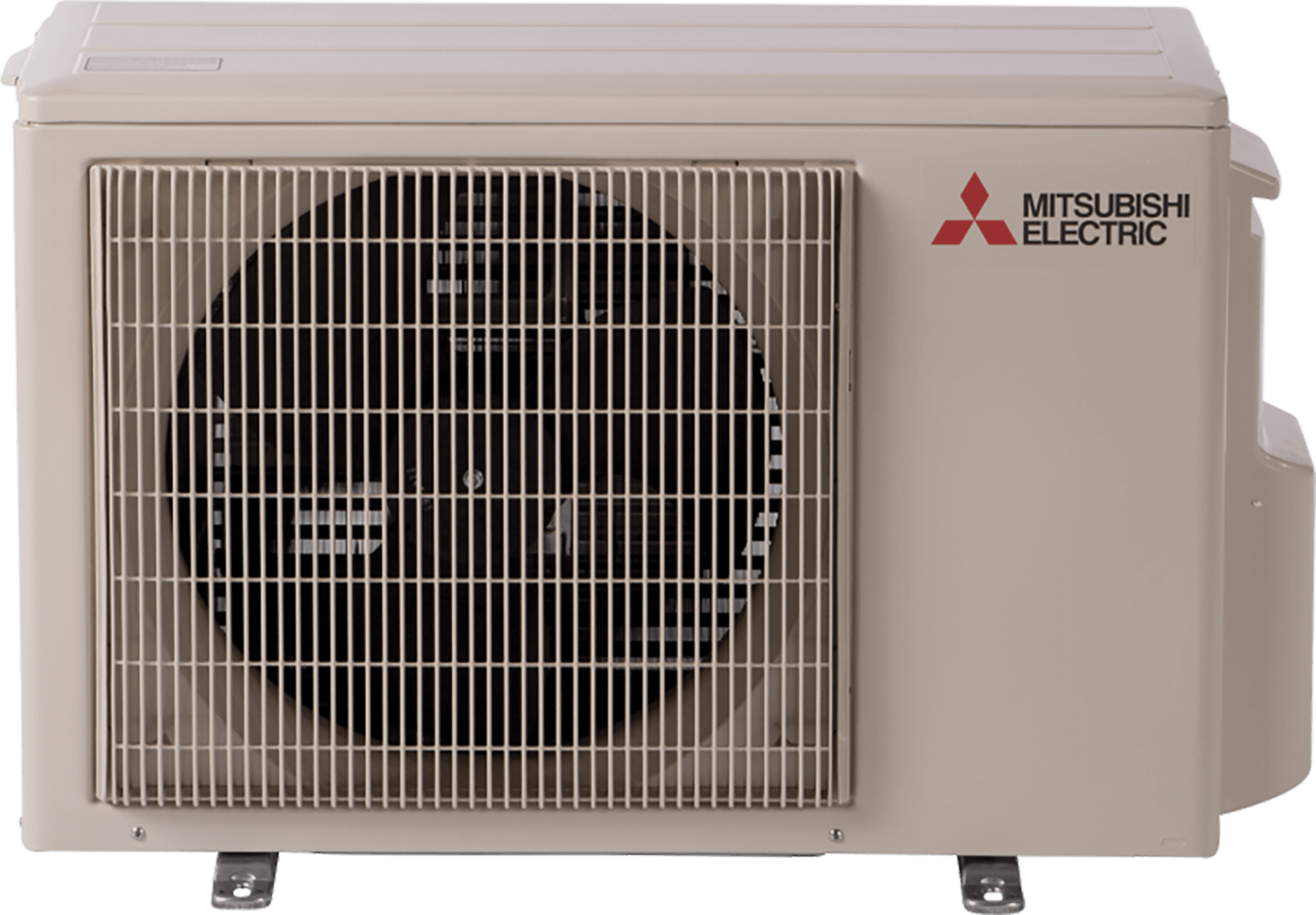 Beige Mitsubishi Electric outdoor air conditioner unit with front fan grille and logo